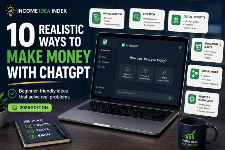 10 realistic ways beginners can use ChatGPT to make money in 2026, including writing, research, digital products, spreadsheets, social media, and business workflows.