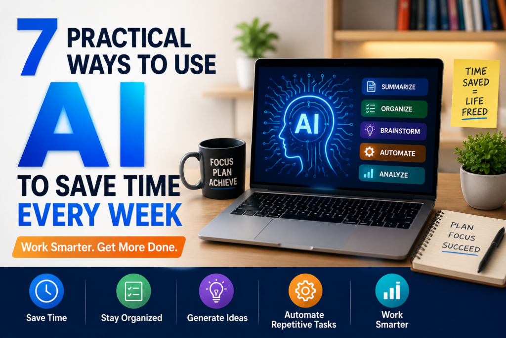 AI productivity workspace showing tools for saving time and organizing work