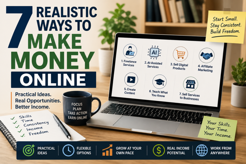 7 realistic ways to make money online through freelancing, AI services, digital products, affiliate marketing, content creation, teaching, and business services