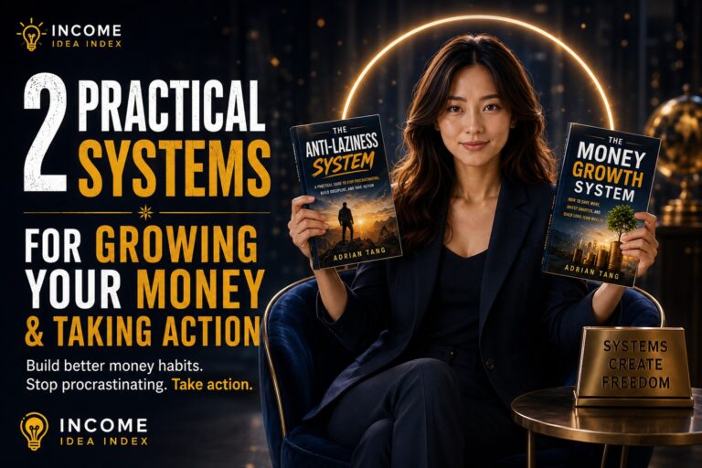 Maya holding The Money Growth System and The Anti-Laziness System books in a premium Income Idea Index feature image about growing money and taking action.