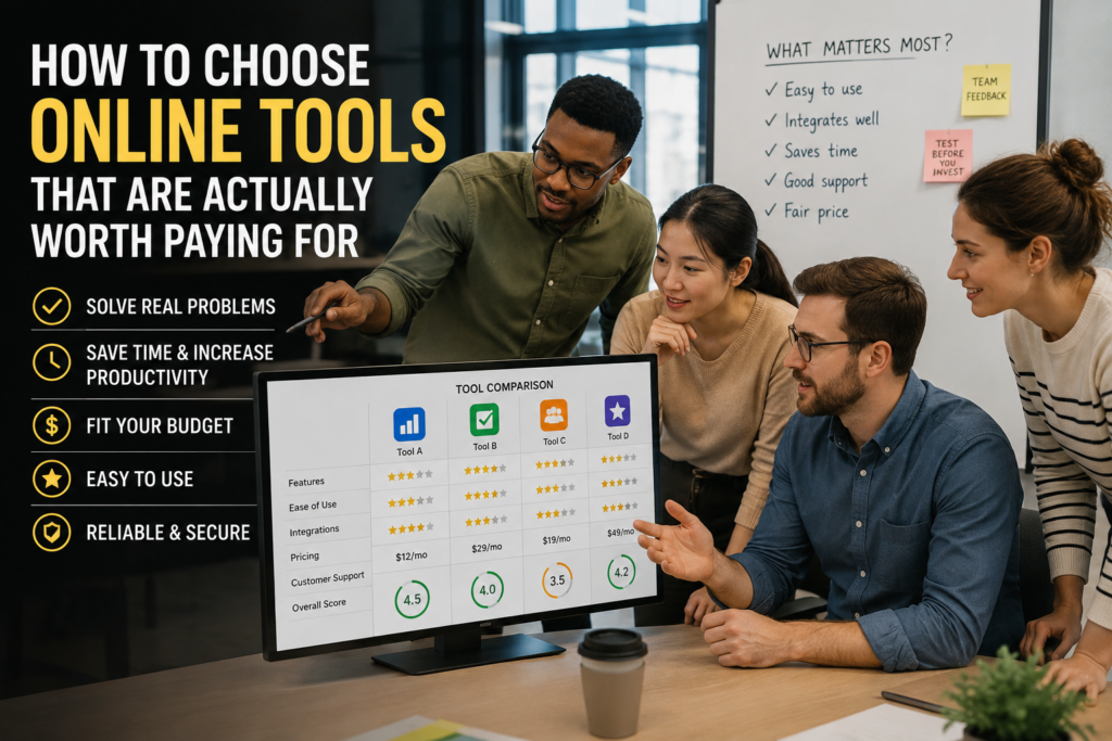 Business team comparing online tools and software features to determine which are worth paying for.