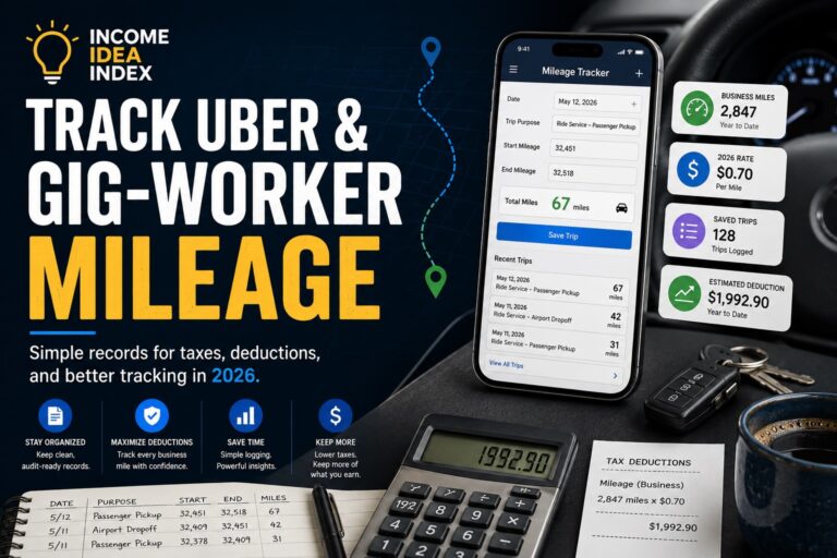 Gig-worker mileage tracker for Uber and delivery drivers with business miles, trip records, and 2026 tax deduction information.