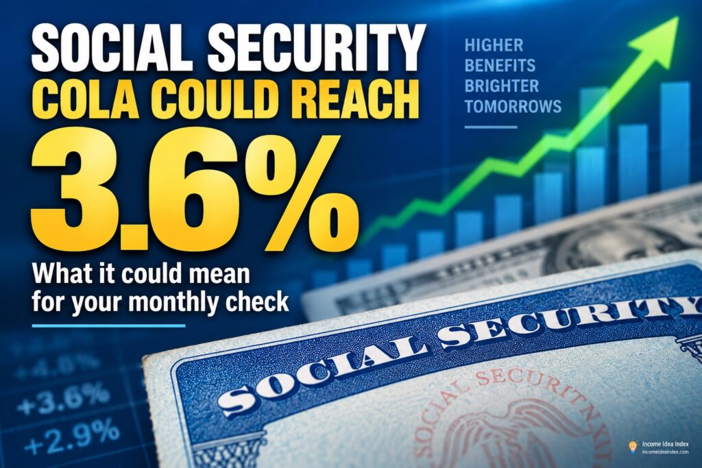 Social Security COLA could reach 3.6% in 2027, showing a Social Security card, rising chart, and upward arrow.