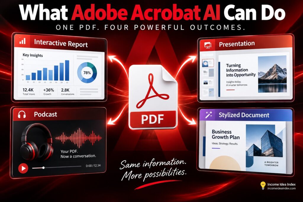 Adobe Acrobat AI turning a PDF into an interactive report, presentation, podcast, and stylized document