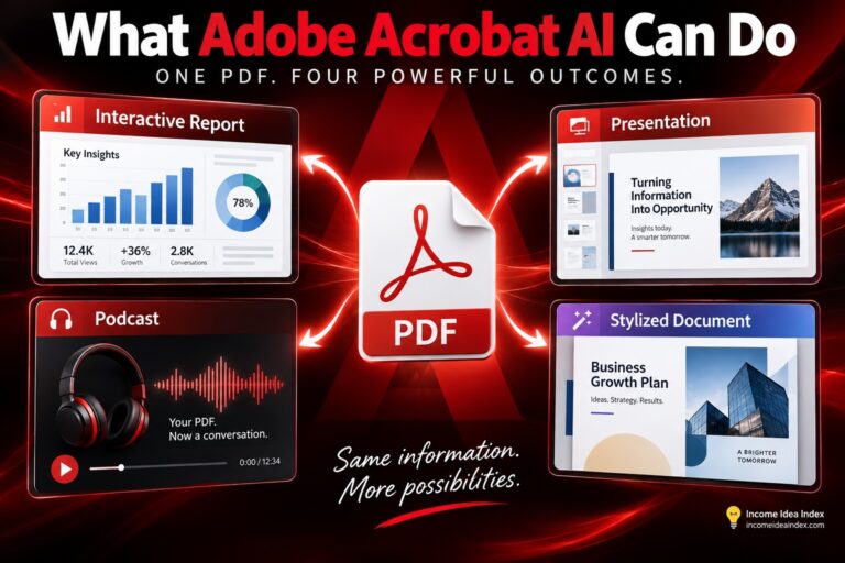Adobe Acrobat AI turning a PDF into an interactive report, presentation, podcast, and stylized document