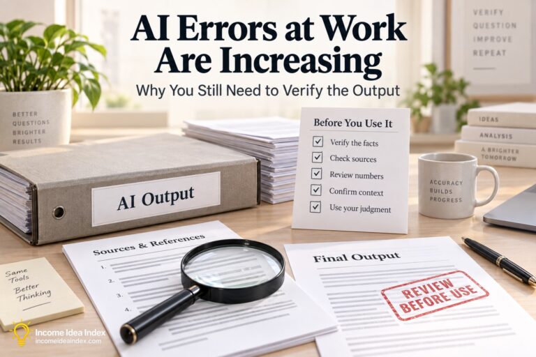 Feature image showing an office desk with an AI Output binder, a verification checklist, source documents, a magnifying glass, and a Final Output page stamped Review Before Use.