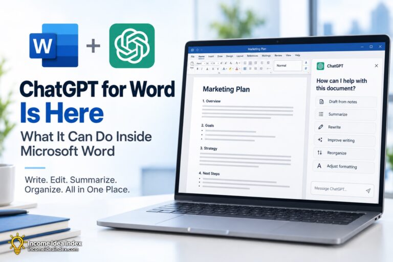 ChatGPT for Word shown inside Microsoft Word with drafting, summarizing, rewriting, and formatting tools