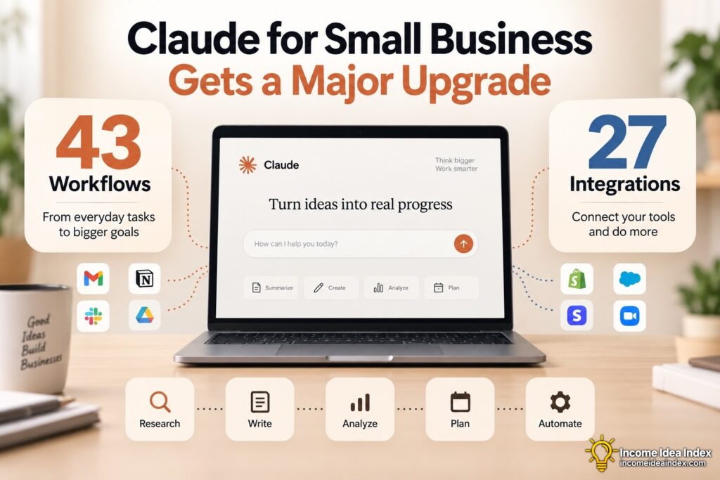 Claude for Small Business feature image showing 43 workflows, 27 integrations, and an AI assistant dashboard on a laptop.