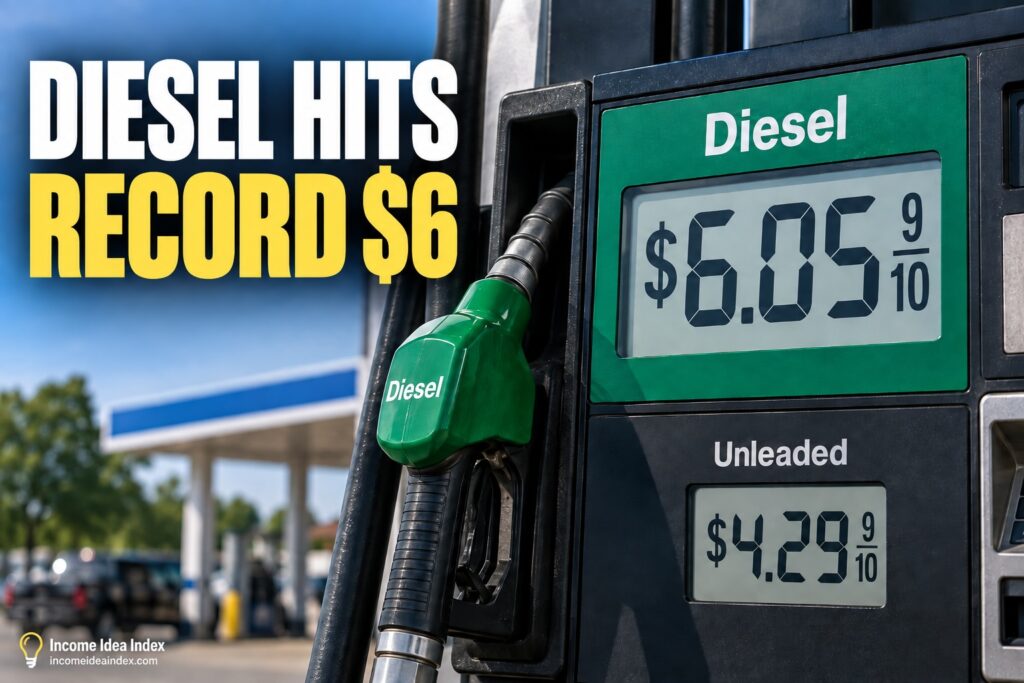 Diesel fuel pump showing a record price of $6.05 per gallon with headline Diesel Hits Record $6.