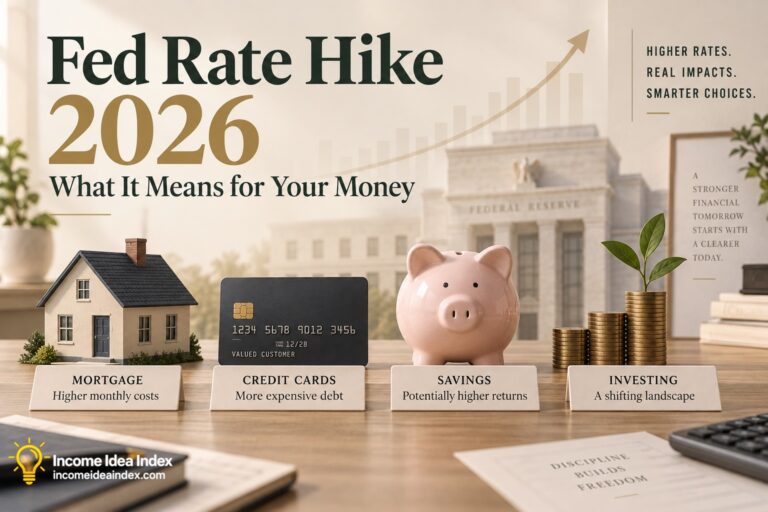Feature image for an article about the 2026 Fed rate hike, showing a house, credit card, piggy bank, and investment symbol