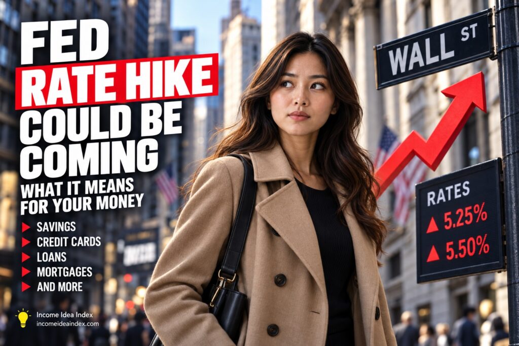 Maya in a Wall Street setting with rising rate graphics for savings, credit cards, loans, and mortgages