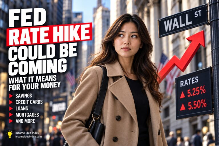 Maya in a Wall Street setting with rising rate graphics for savings, credit cards, loans, and mortgages