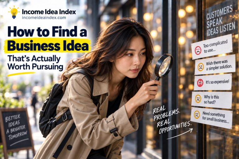 Maya evaluating different business ideas to determine which opportunity is worth pursuing