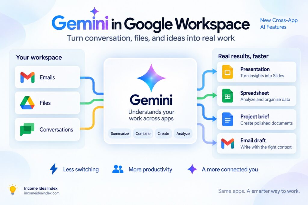 Gemini in Google Workspace connecting emails, files, and conversations to presentations, spreadsheets, project briefs, and email drafts