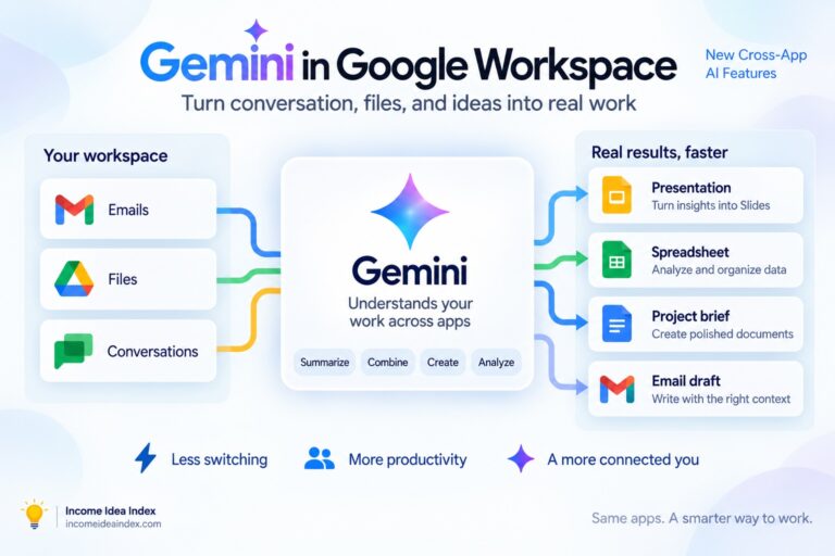 Gemini in Google Workspace connecting emails, files, and conversations to presentations, spreadsheets, project briefs, and email drafts
