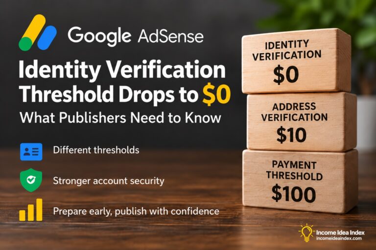 Google AdSense identity verification threshold at $0 with address verification at $10 and payment threshold at $100