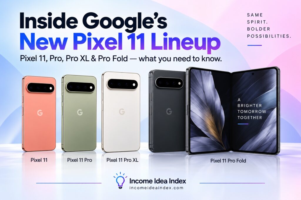 Google Pixel 11, Pixel 11 Pro, Pixel 11 Pro XL, and Pixel 11 Pro Fold shown together in a featured image for Google’s 2026 Pixel lineup.