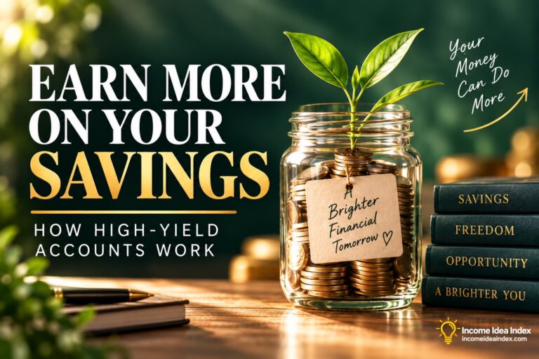 Glass jar filled with coins and a green sprout beside the headline “Earn More on Your Savings” for a high-yield savings accounts article