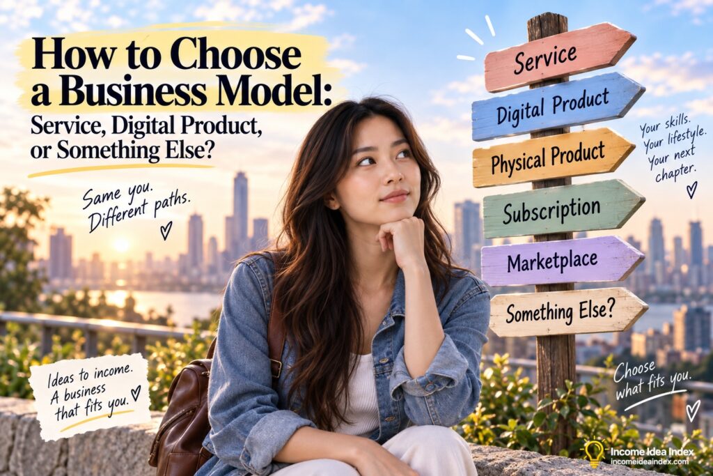 Maya considering a signpost with service, digital product, physical product, subscription, marketplace, and other business model options