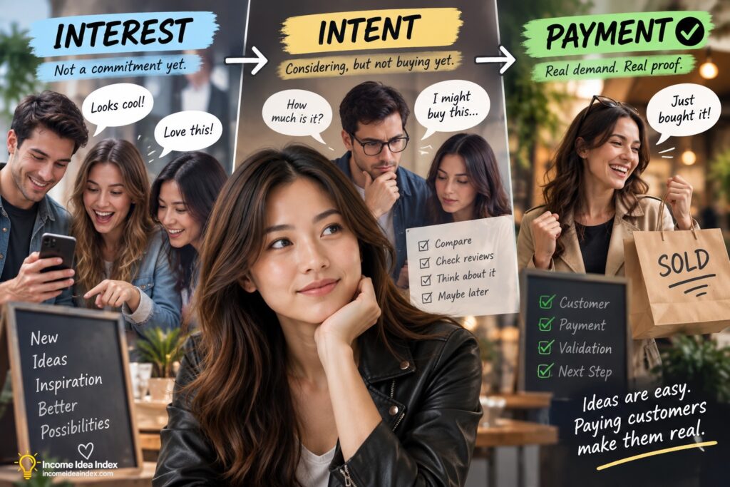 Maya illustrating the difference between interest, intent, and payment to show whether people will pay for your idea