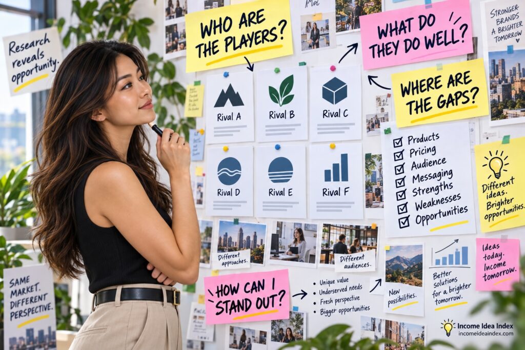 Maya reviewing a competitor research strategy wall with rival brands, market gaps, strengths, weaknesses, and opportunities.