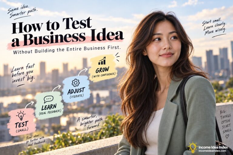 Maya beside a test, learn, adjust, and grow path showing how to test a business idea before building the entire business