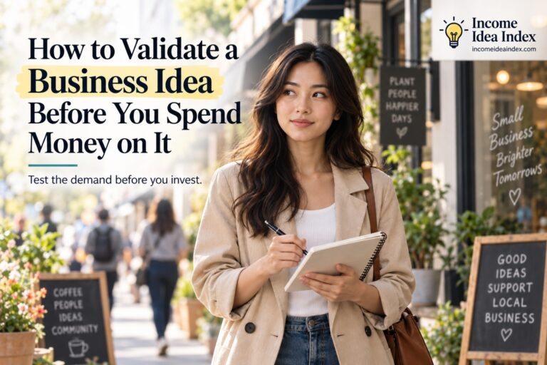 Maya taking notes while researching how to validate a business idea before spending money