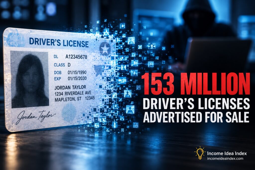 Driver’s license dissolving into digital data beside headline about 153 million licenses advertised for sale