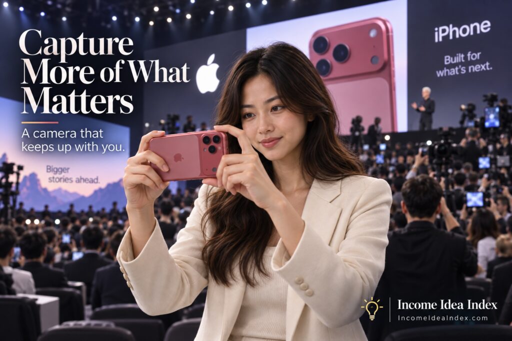 Maya testing the new iPhone 18 Pro at an Apple launch event with a large crowd and keynote stage in the background
