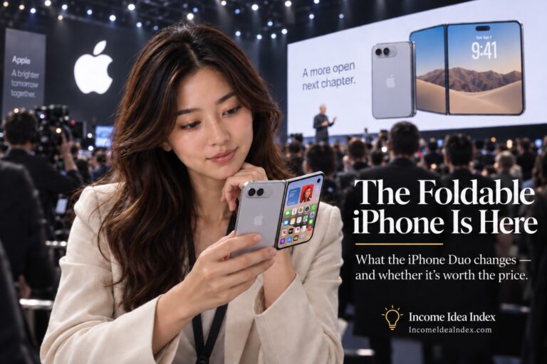 iPhone Duo foldable iPhone shown open with a large inner display and triple-camera system