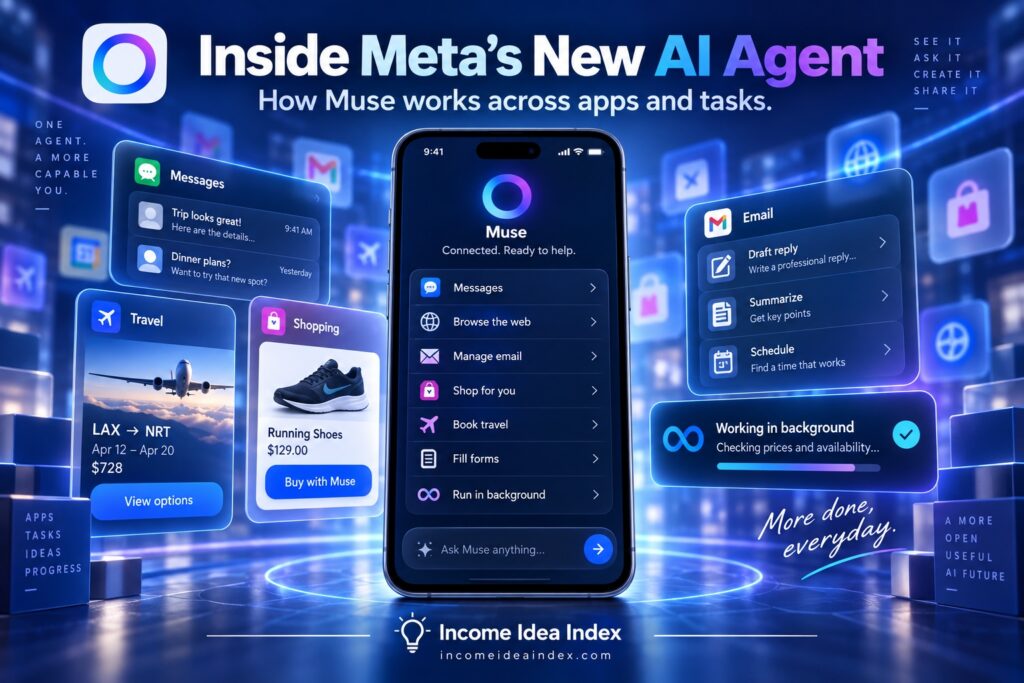 Meta Muse AI agent interface showing messaging, travel, shopping, email, browsing, and background task features.