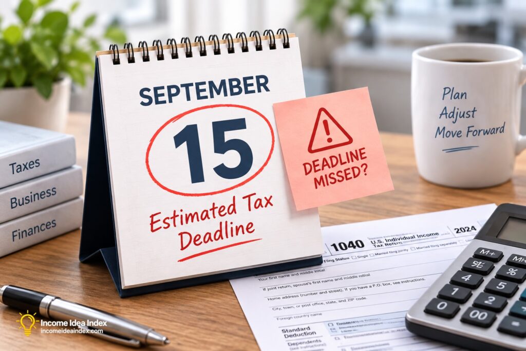 Desk calendar showing September 15 circled in red with “Estimated Tax Deadline” and “Deadline Missed?” beside tax forms and a calculator.