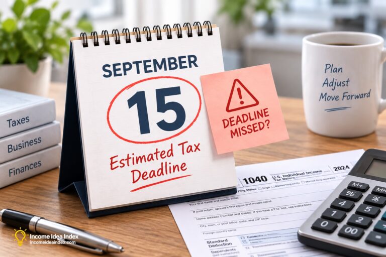 Desk calendar showing September 15 circled in red with “Estimated Tax Deadline” and “Deadline Missed?” beside tax forms and a calculator.