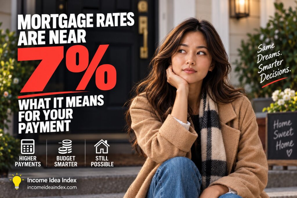 Maya sitting on a front porch beside text reading Mortgage Rates Are Near 7% and What It Means for Your Payment