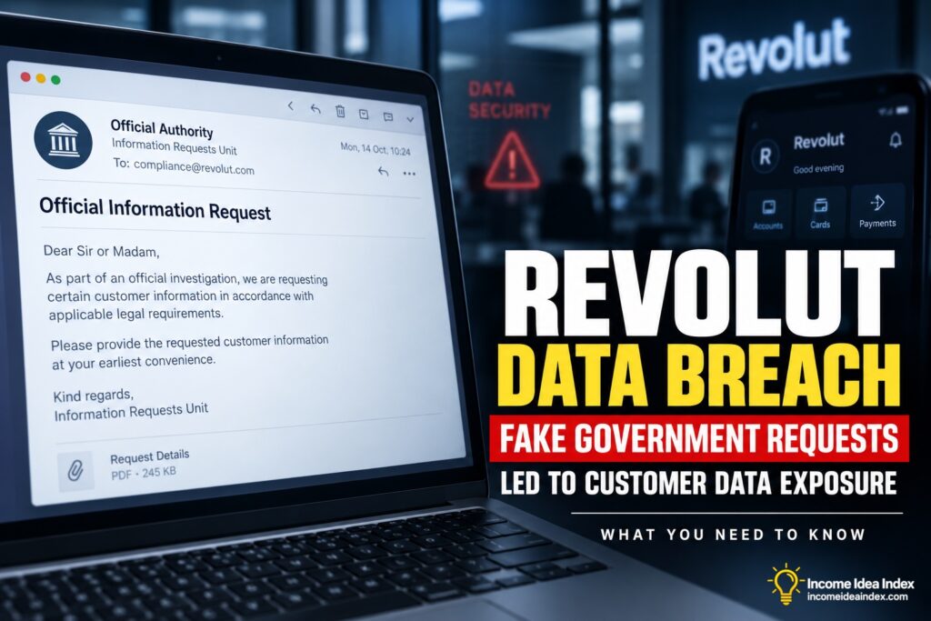 Revolut data breach feature image showing a fake government information request and warning that customer data was exposed