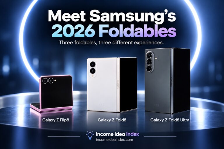 Samsung Galaxy Z Flip8, Galaxy Z Fold8, and Galaxy Z Fold8 Ultra featured in a promotional lineup image for Samsung’s 2026 foldable phone lineup.