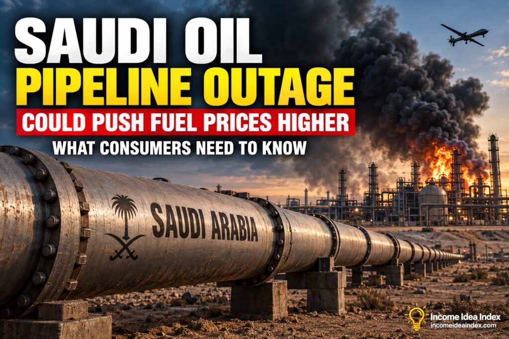 Saudi Arabia oil pipeline with burning energy infrastructure and headline warning the outage could push fuel prices higher
