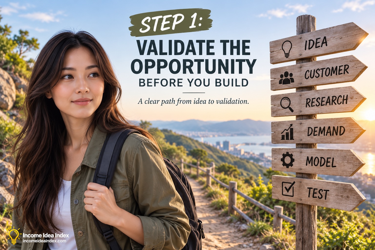 Maya beside a roadmap signpost showing idea, customer, research, demand, model, and test for business validation