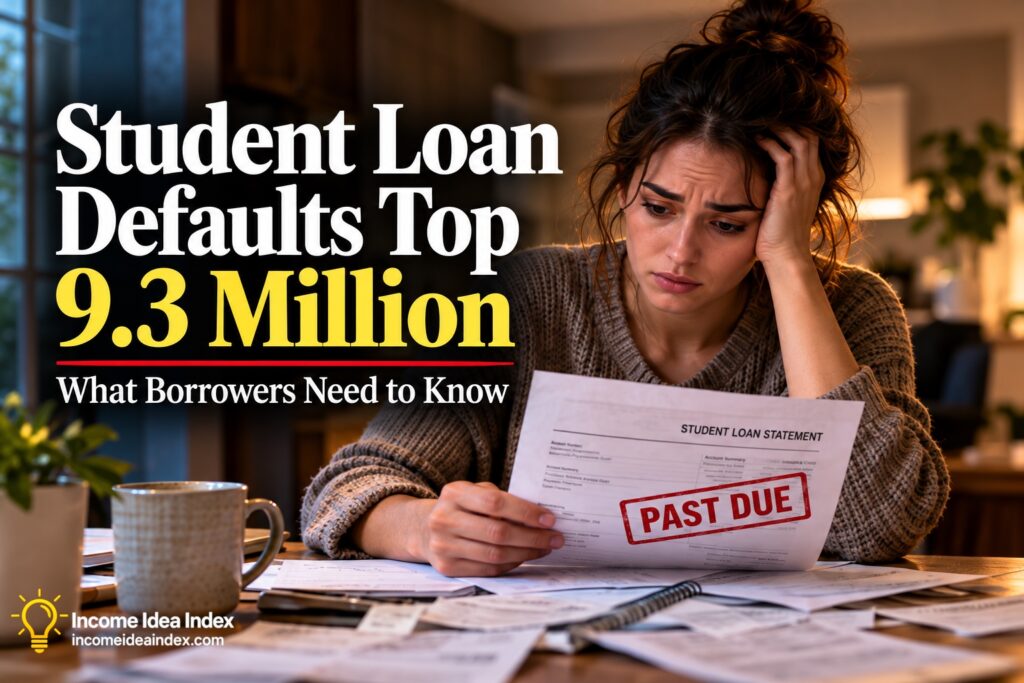 Student loan defaults represented by overdue federal loan paperwork, payment dates, and household financial documents