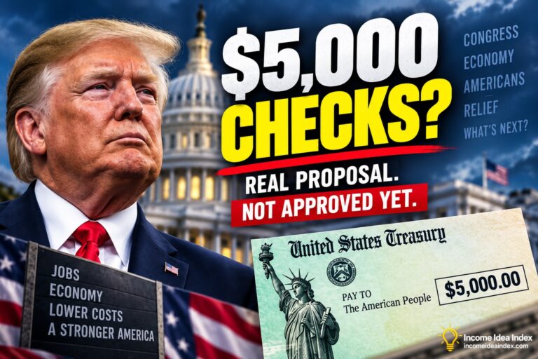 Donald Trump beside the U.S. Capitol with headline about proposed $5,000 dividend checks not being approved yet