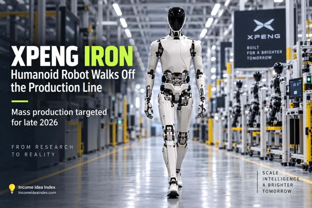 XPENG IRON humanoid robot walking through a production line inside a modern manufacturing facility