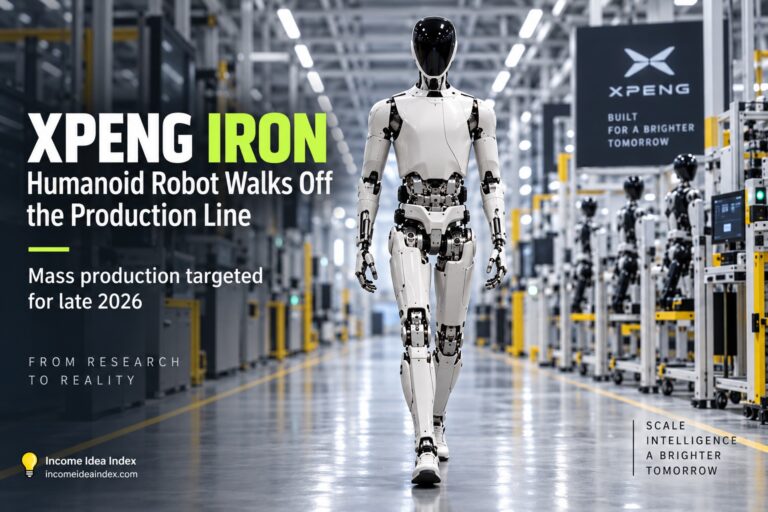 XPENG IRON humanoid robot walking through a production line inside a modern manufacturing facility