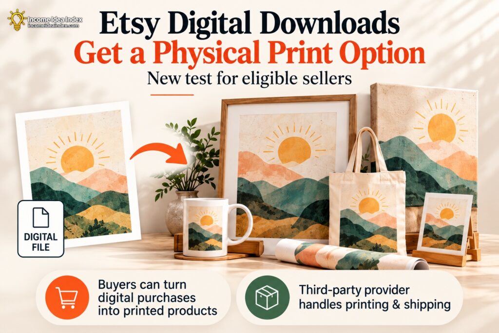 Etsy digital download transforming into physical printed products including framed art, a canvas, mug, and tote bag