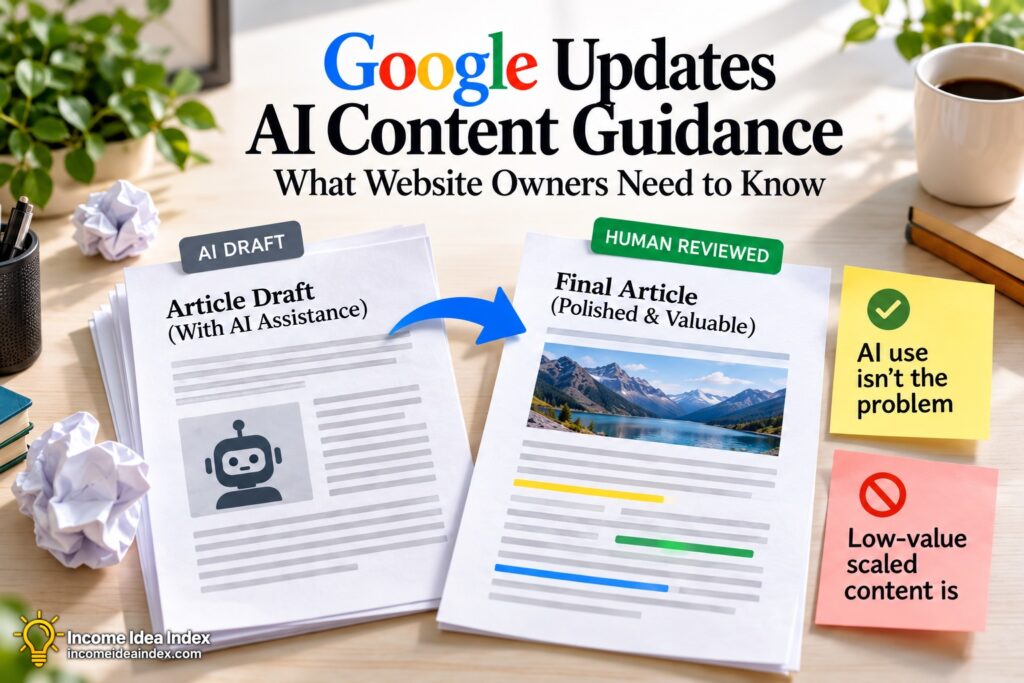 Google AI content guidance showing AI-assisted website content being reviewed for accuracy, originality, quality, and usefulness