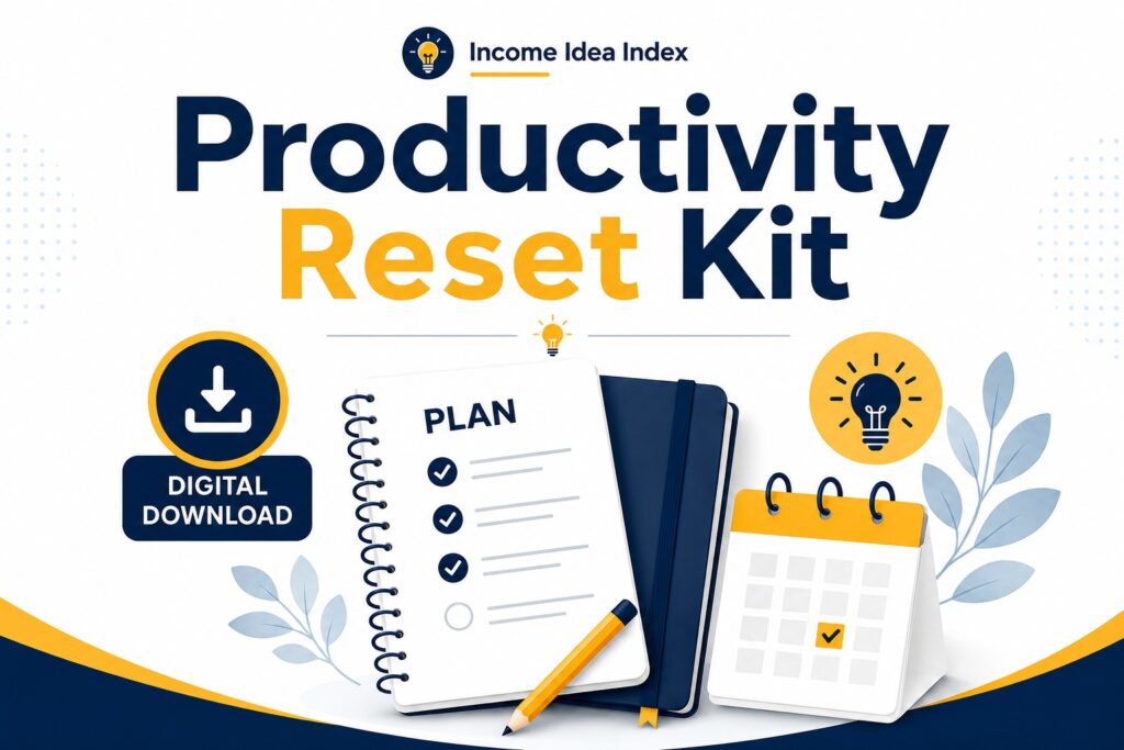 Product mockup for the Productivity Reset Kit showing printable productivity planners, audits, trackers, and weekly reset tools.