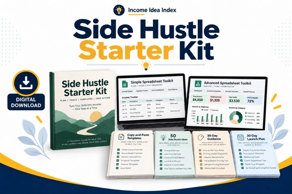 Side Hustle Starter Kit showing the guide, spreadsheet toolkits, templates, side hustle ideas, pricing guidance, and 30-day plan.